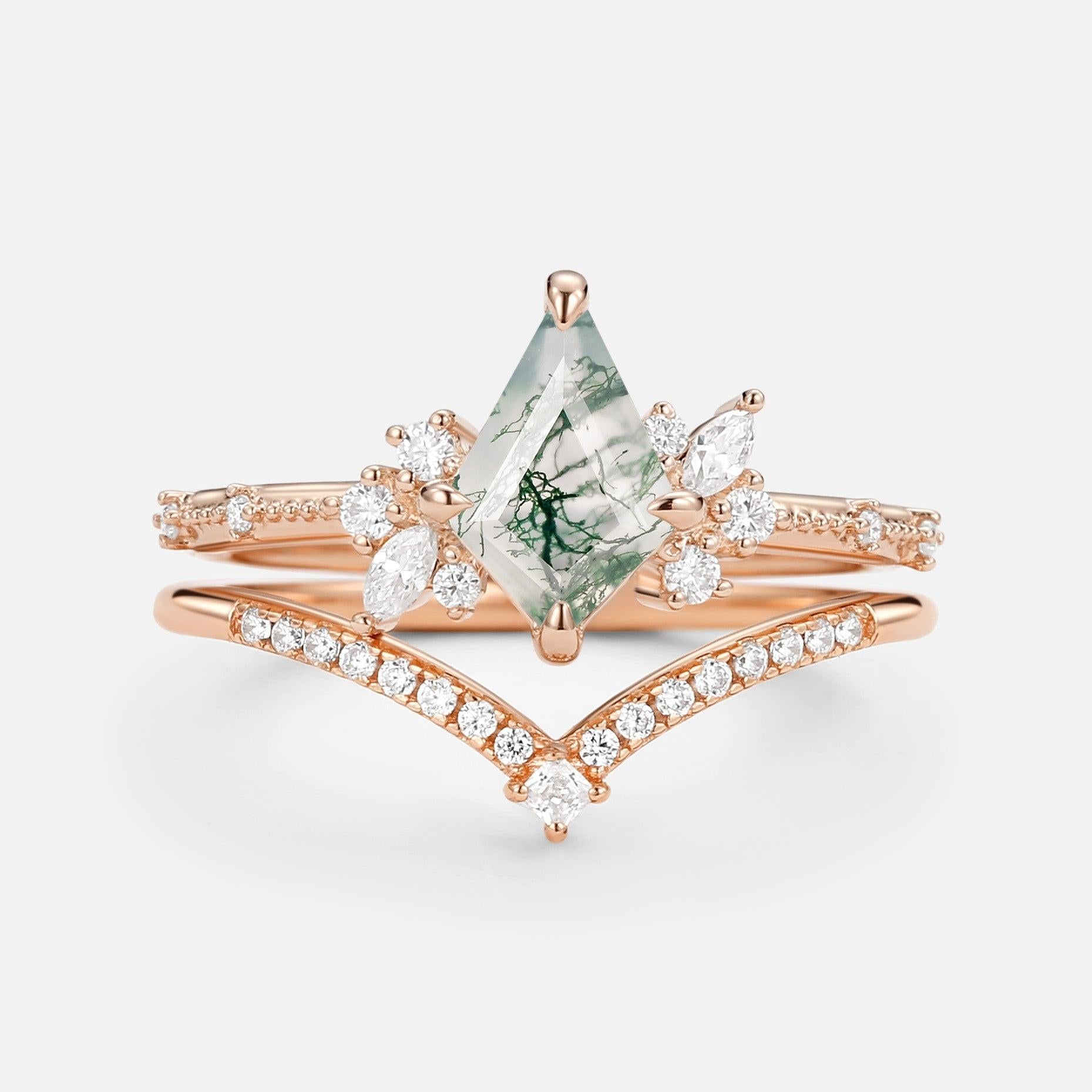 Kite Cut Unique Moss Agate & Moissanite Engagement Ring Set 2pcs.