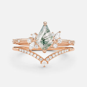 Kite Cut Unique Moss Agate & Moissanite Engagement Ring Set 2pcs.