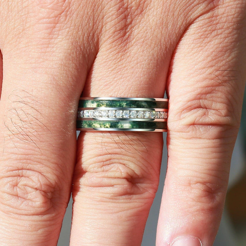 Atlas Keystone | 8MM Wide Moss Agate & Diamond Men's Wedding Band.