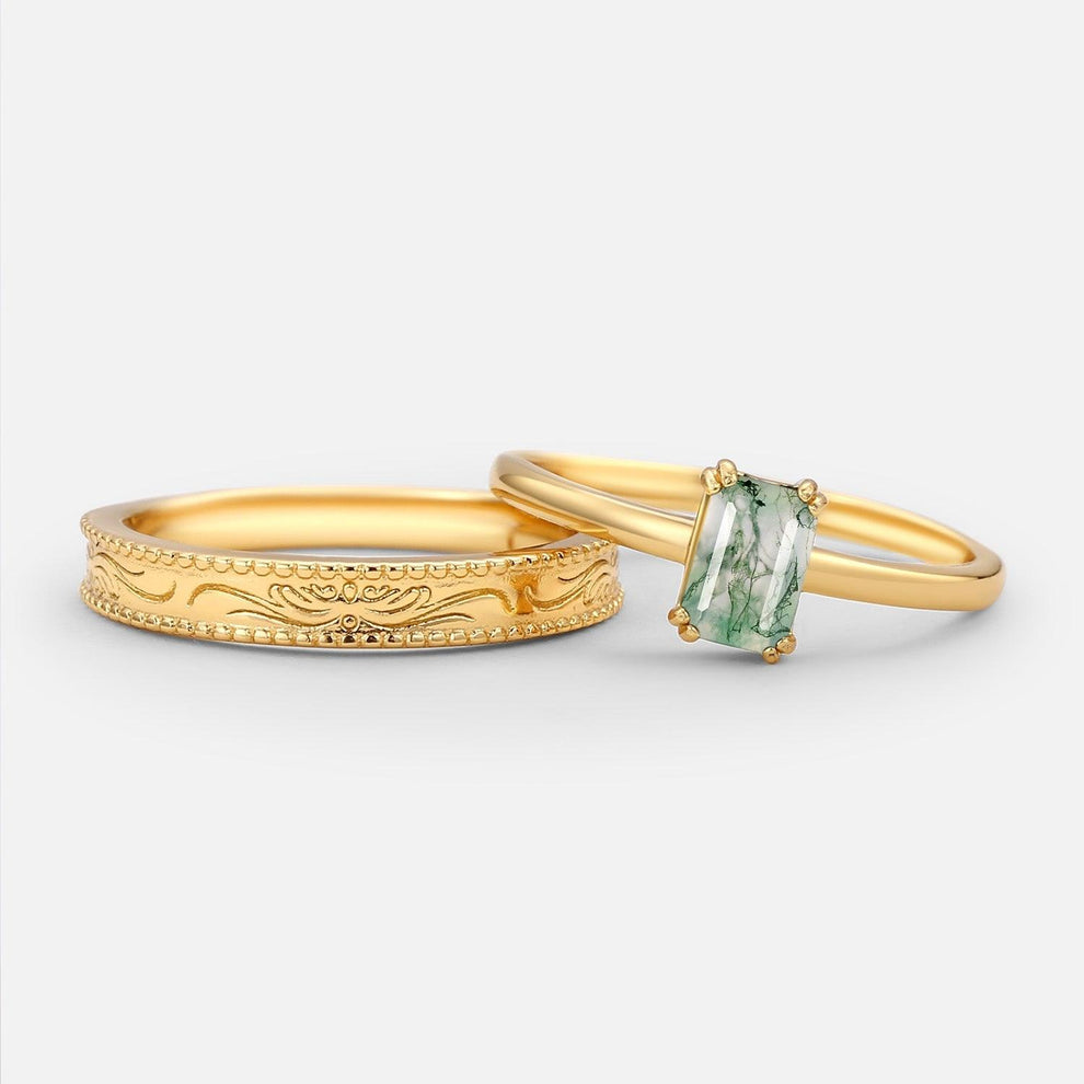 Daphne’s Clearing | Emerald Cut Moss Agate Couple Ring Set 2pcs.