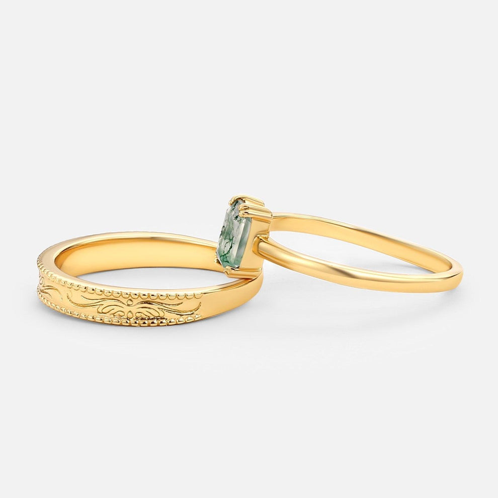 Daphne’s Clearing | Emerald Cut Moss Agate Couple Ring Set 2pcs.