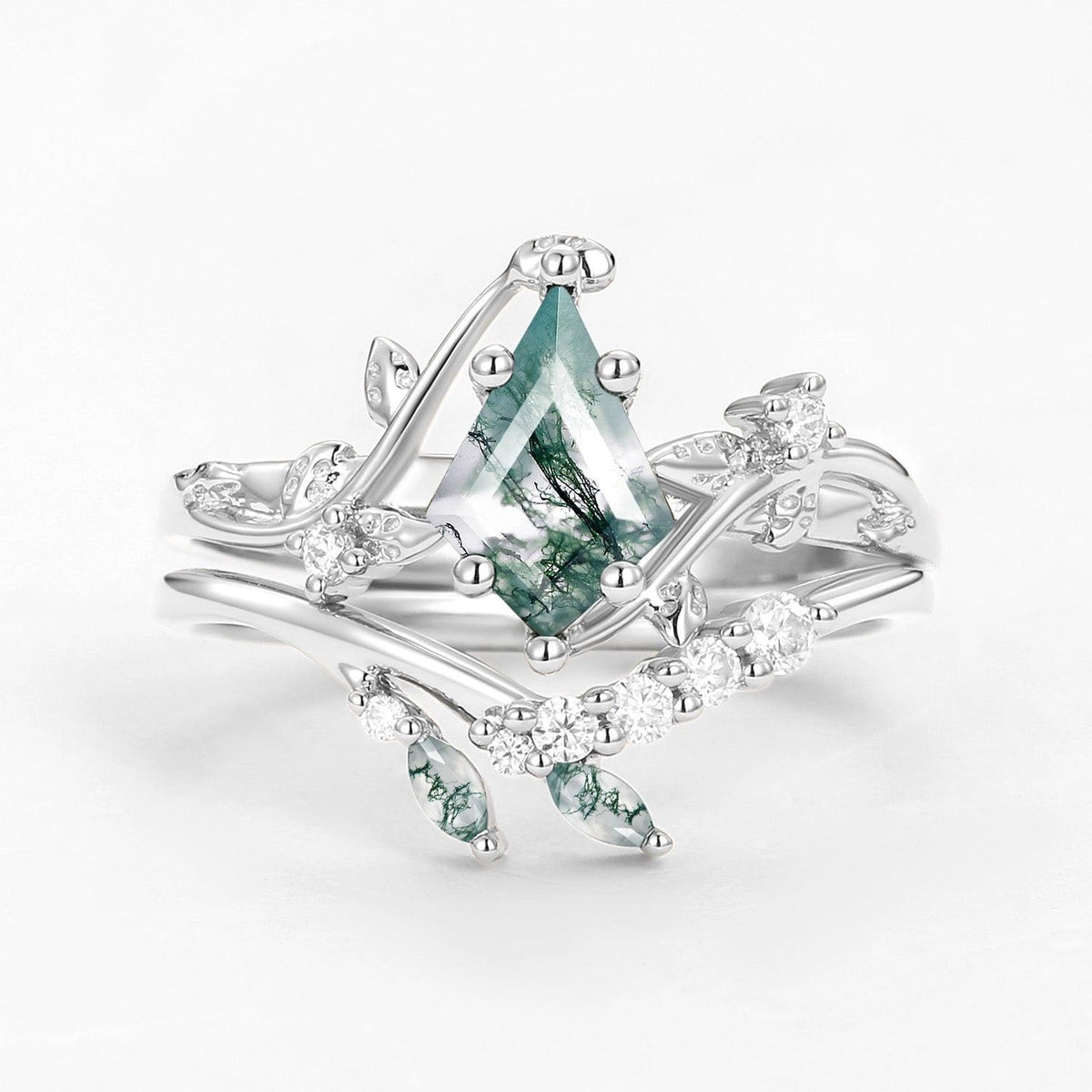 Unique Moss Agate Vine Engagement Ring Sets 2pcs.