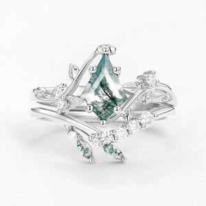 Unique Moss Agate Vine Engagement Ring Sets 2pcs.