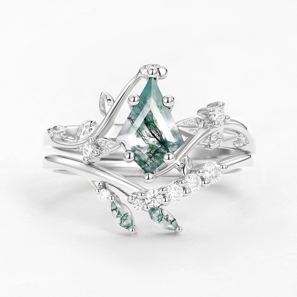 Unique Moss Agate Vine Engagement Ring Sets 2pcs.