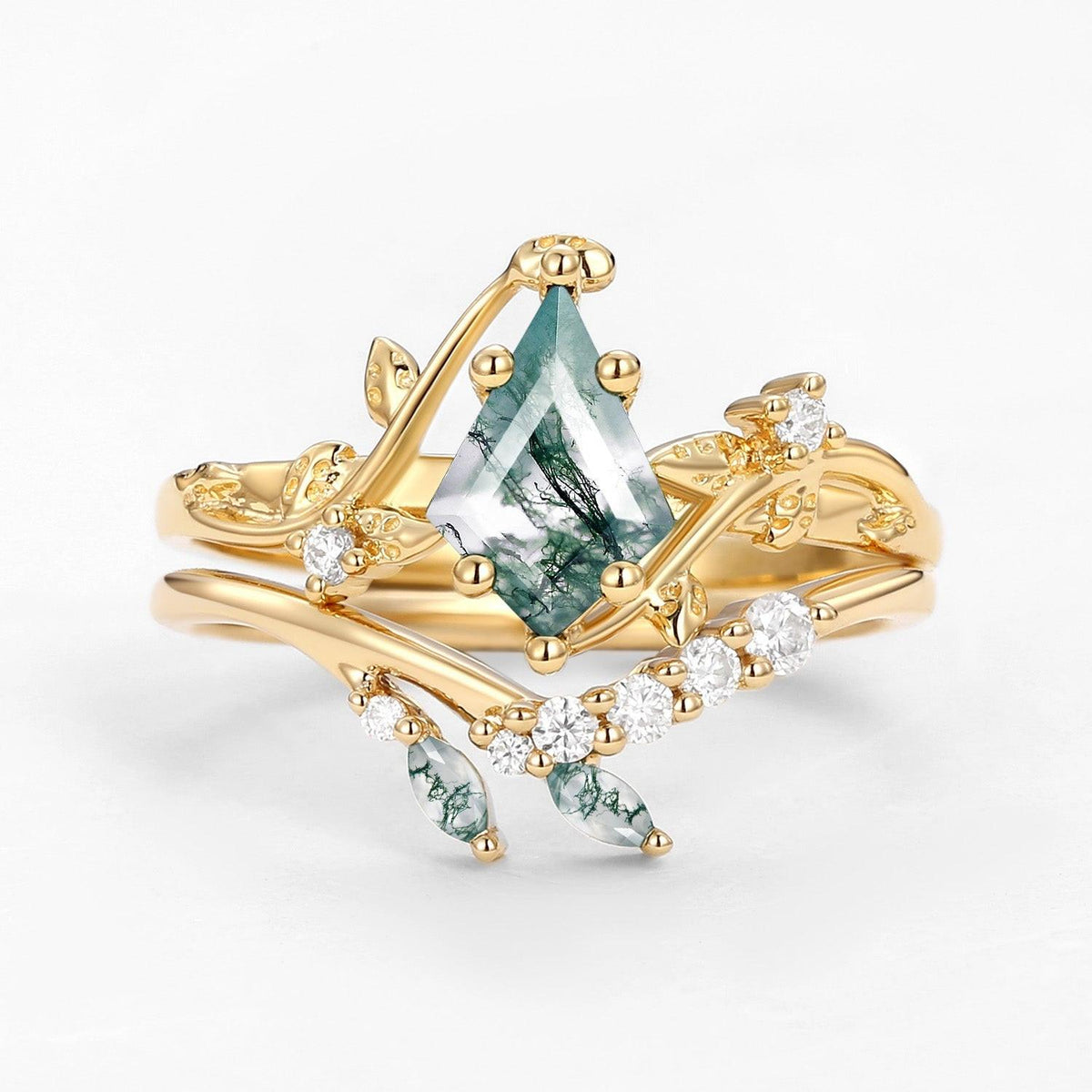 Unique Moss Agate Vine Engagement Ring Sets 2pcs.