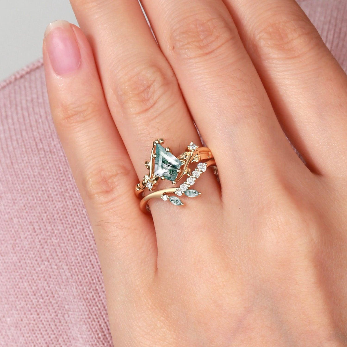 Unique Moss Agate Vine Engagement Ring Sets 2pcs.