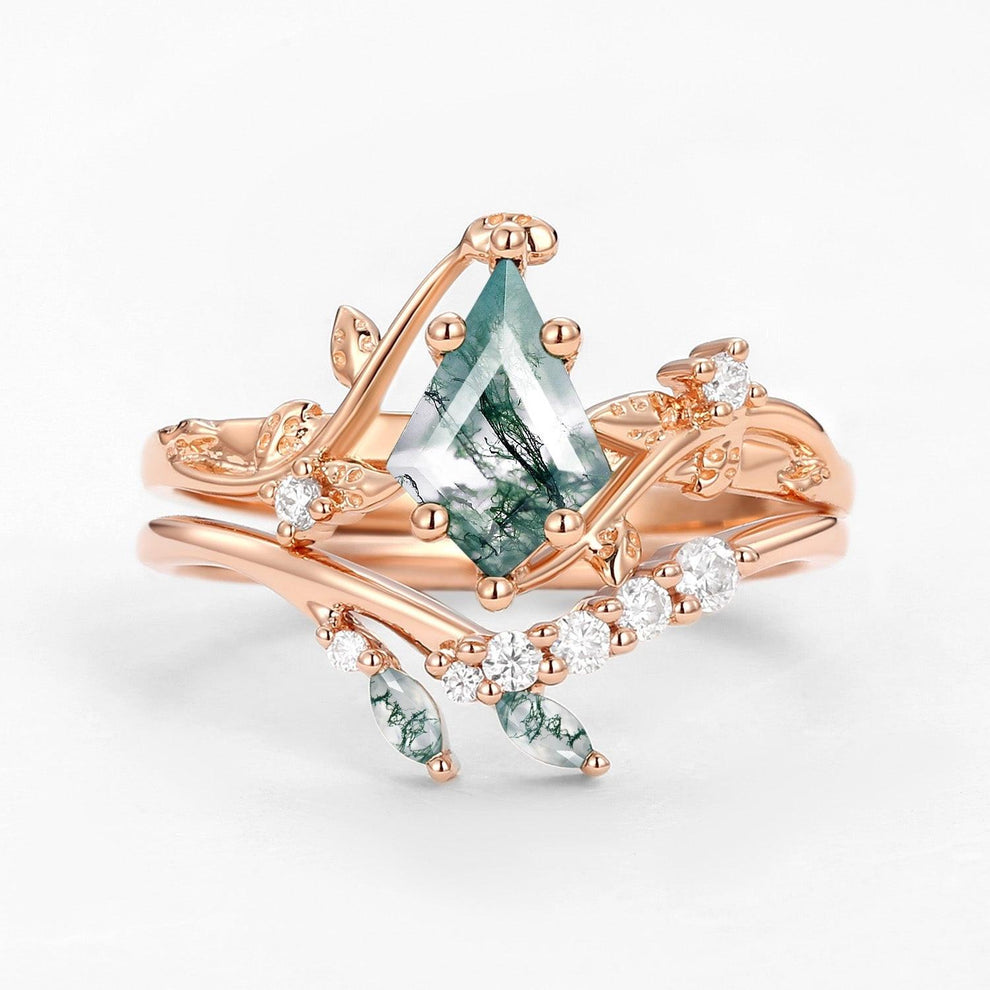 Unique Moss Agate Vine Engagement Ring Sets 2pcs.