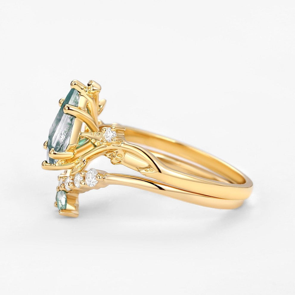 Unique Moss Agate Vine Engagement Ring Sets 2pcs.