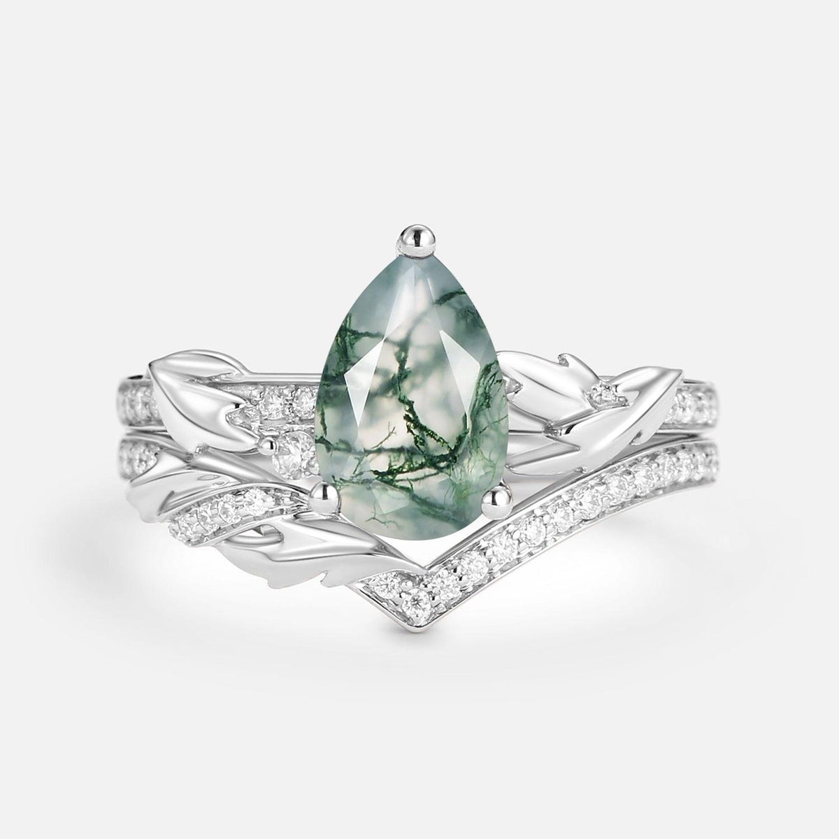 1.5ct Pear Cut Moss Agate Leafy Engagement Ring Set 2pcs.