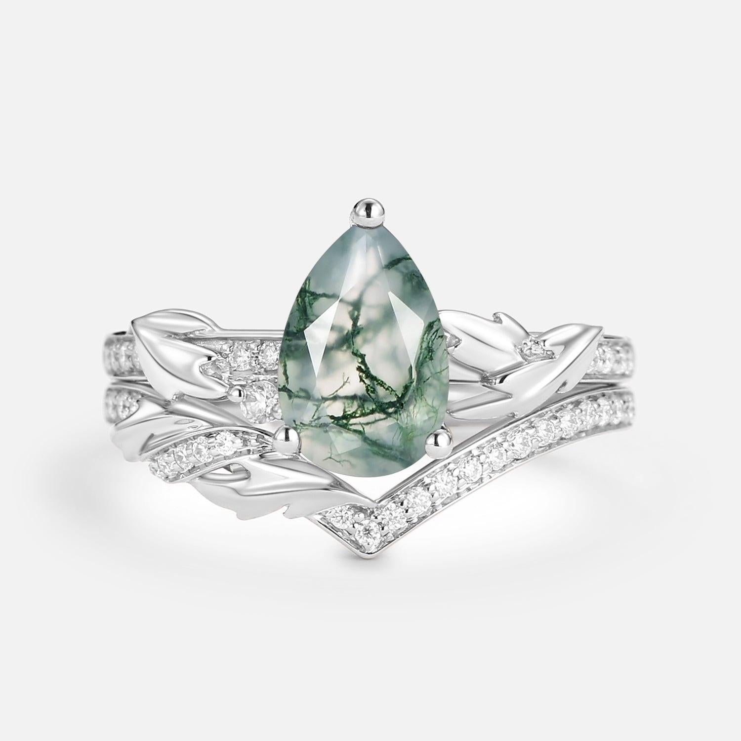 1.5ct Pear Cut Moss Agate Leafy Engagement Ring Set 2pcs.