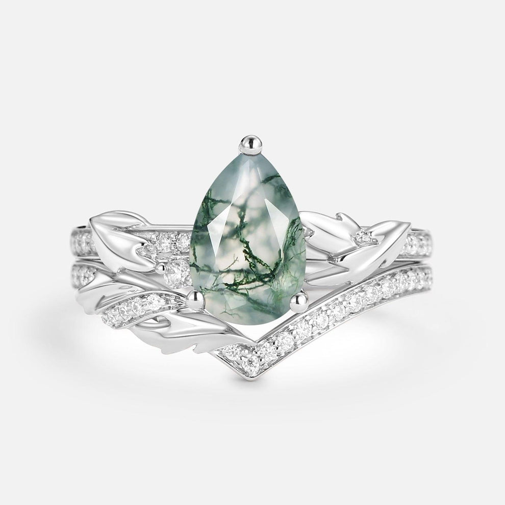 1.5ct Pear Cut Moss Agate Leafy Engagement Ring Set 2pcs.