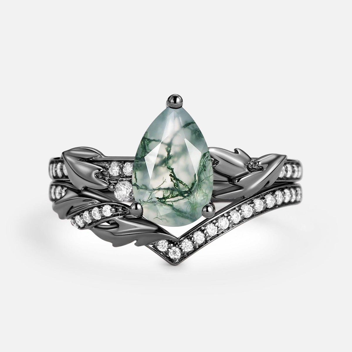 1.5ct Pear Cut Moss Agate Leafy Engagement Ring Set 2pcs.