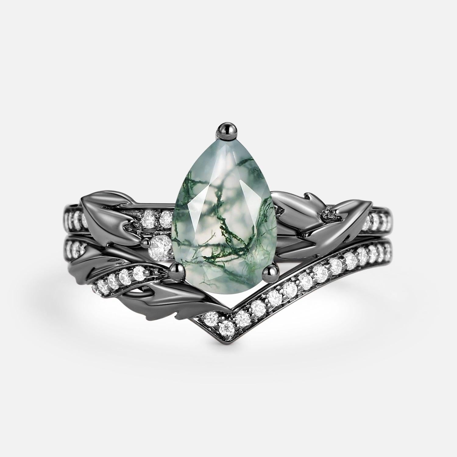 1.5ct Pear Cut Moss Agate Leafy Engagement Ring Set 2pcs.