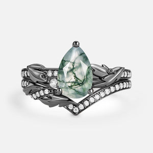 1.5ct Pear Cut Moss Agate Leafy Engagement Ring Set 2pcs.