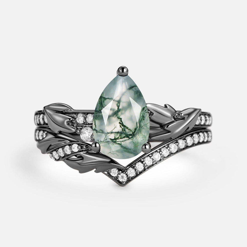 1.5ct Pear Cut Moss Agate Leafy Engagement Ring Set 2pcs.