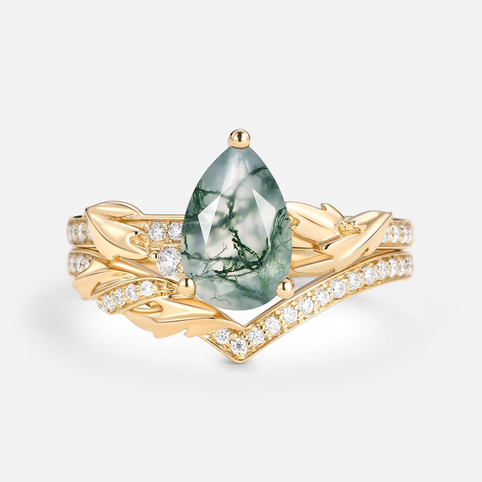 1.5ct Pear Cut Moss Agate Leafy Engagement Ring Set 2pcs.