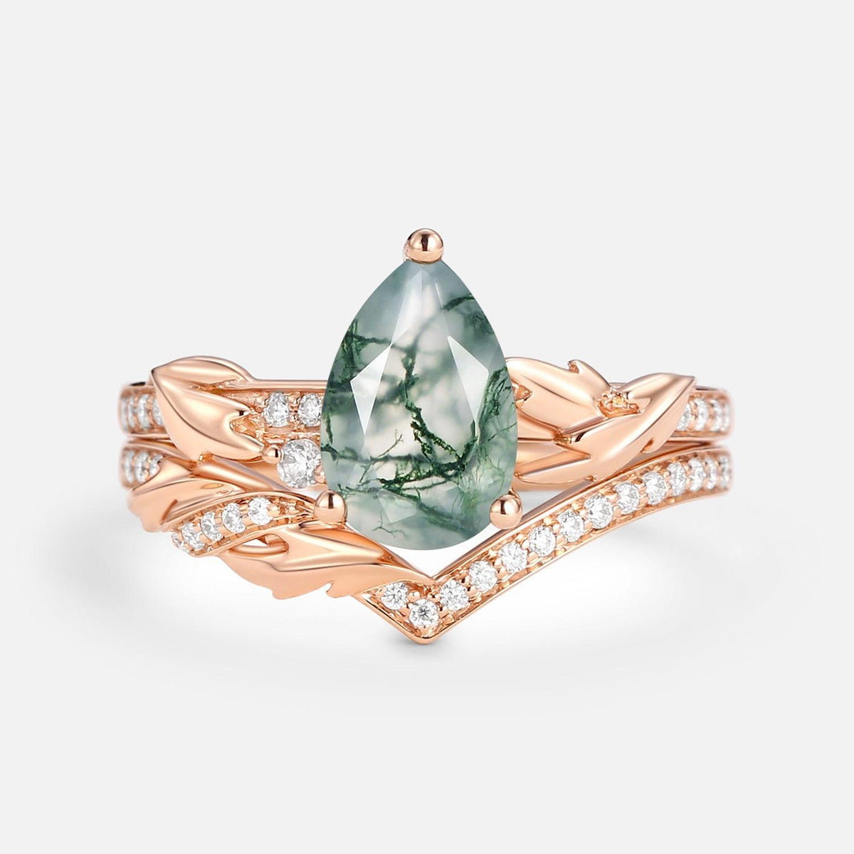 1.5ct Pear Cut Moss Agate Leafy Engagement Ring Set 2pcs.