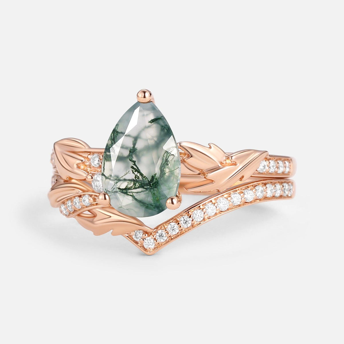 1.5ct Pear Cut Moss Agate Leafy Engagement Ring Set 2pcs.