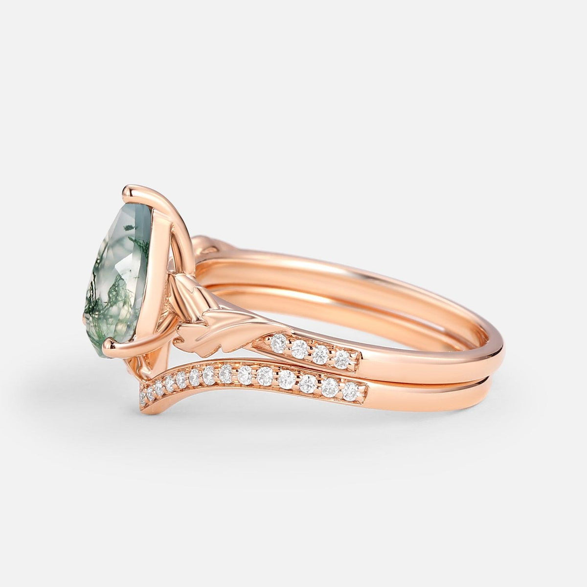 1.5ct Pear Cut Moss Agate Leafy Engagement Ring Set 2pcs.