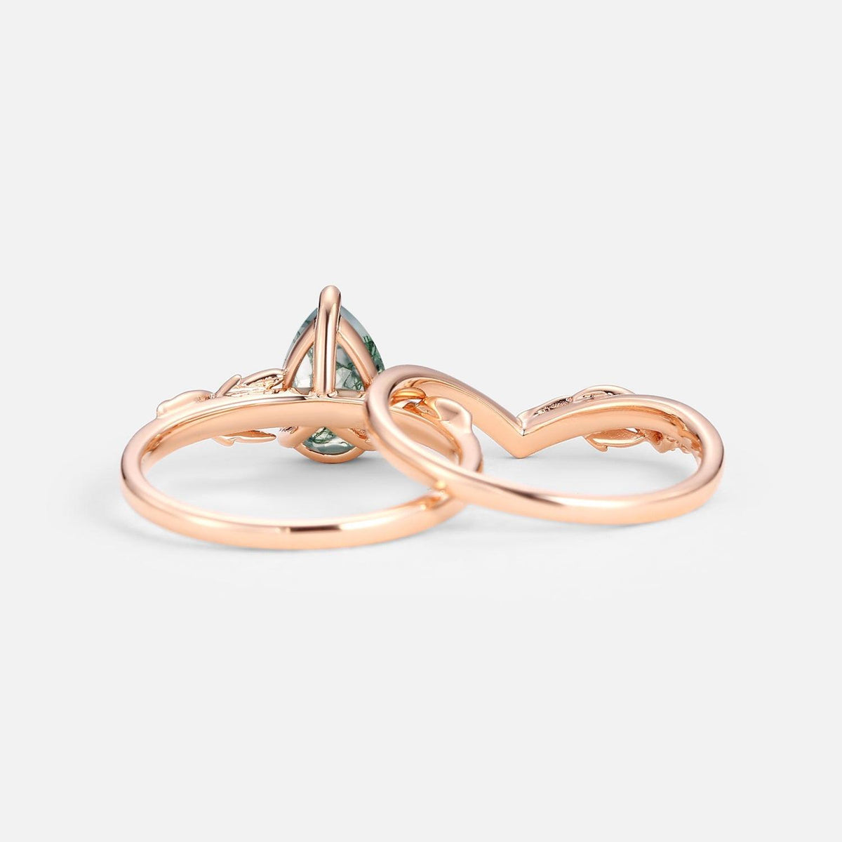 1.5ct Pear Cut Moss Agate Leafy Engagement Ring Set 2pcs.