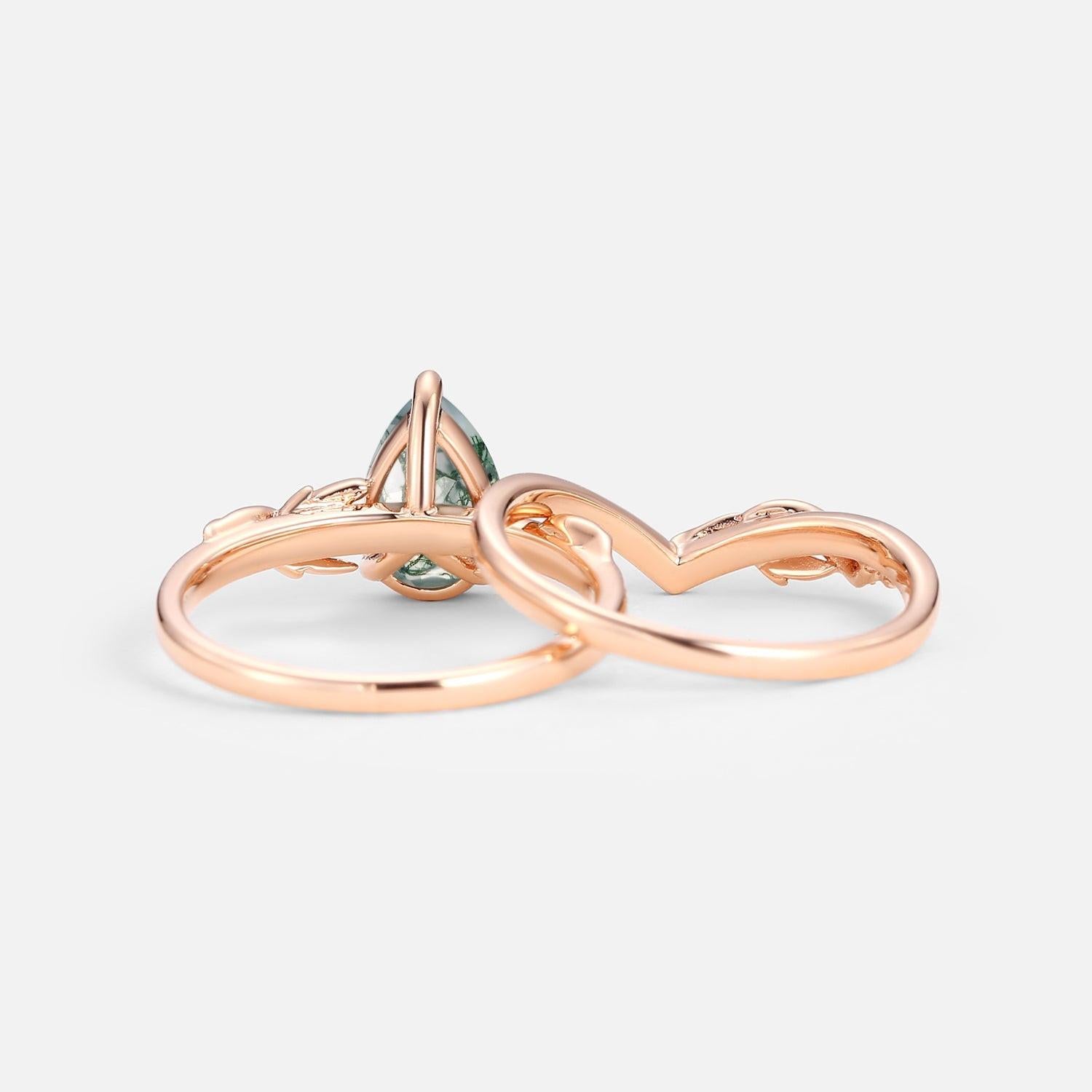 1.5ct Pear Cut Moss Agate Leafy Engagement Ring Set 2pcs.