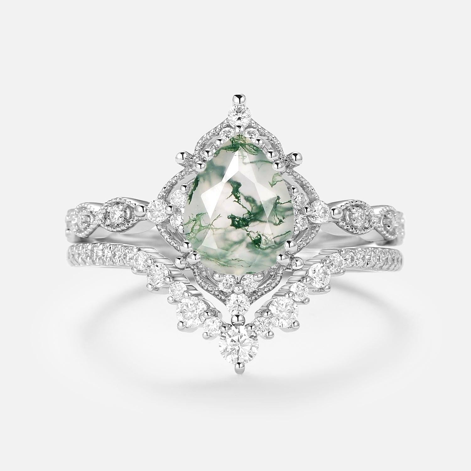 Charlotte Signature Vintage - Pear Cut Moss Agate Vintage Ring Set 2pcs.