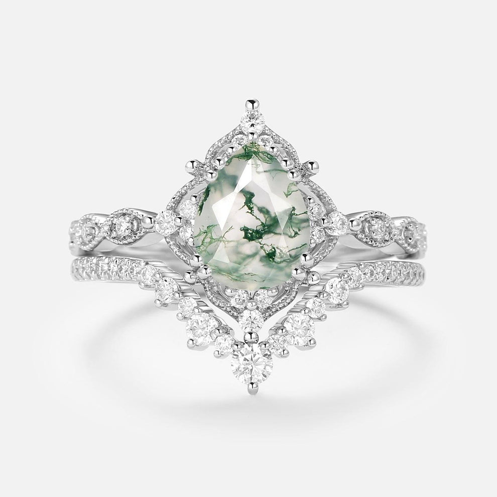 Charlotte Signature Vintage - Pear Cut Moss Agate Vintage Ring Set 2pcs.