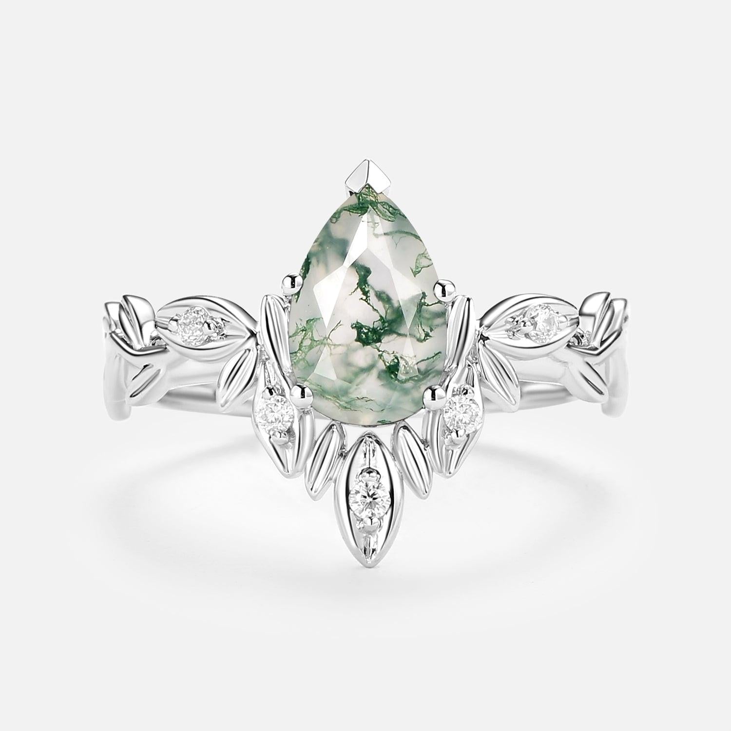 Calista’s Frond | Pear Cut Moss Agate Leafy Engagement Ring.