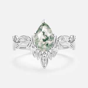 Calista’s Frond | Pear Cut Moss Agate Leafy Engagement Ring.