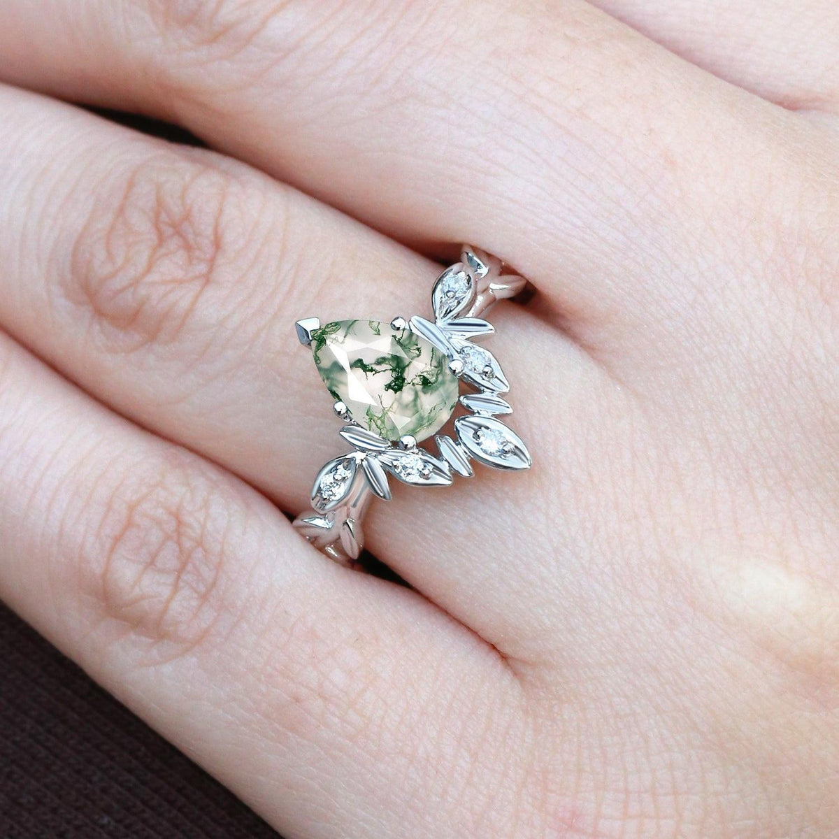 Calista’s Frond | Pear Cut Moss Agate Leafy Engagement Ring.