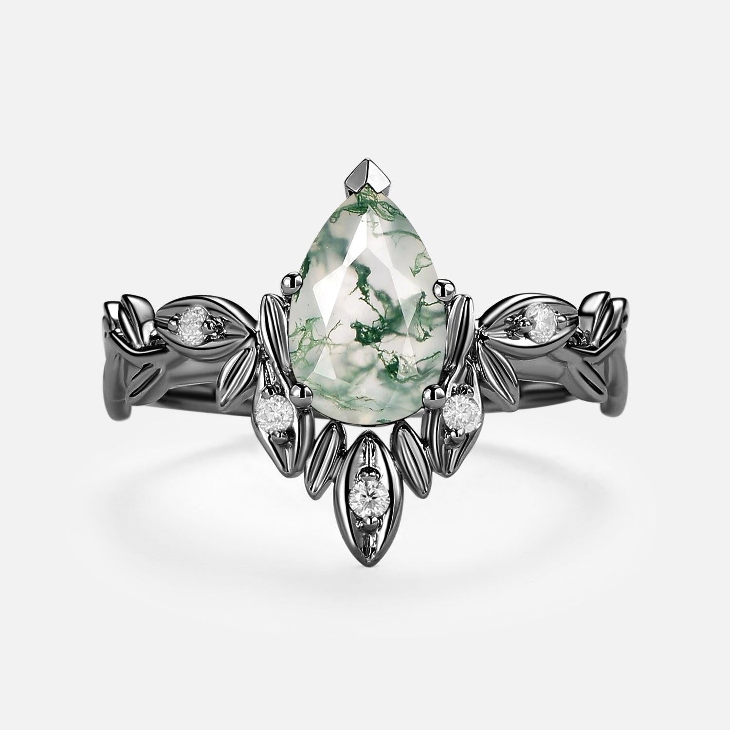 Calista’s Frond | Pear Cut Moss Agate Leafy Engagement Ring.