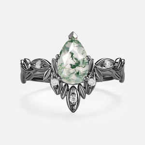 Calista’s Frond | Pear Cut Moss Agate Leafy Engagement Ring.
