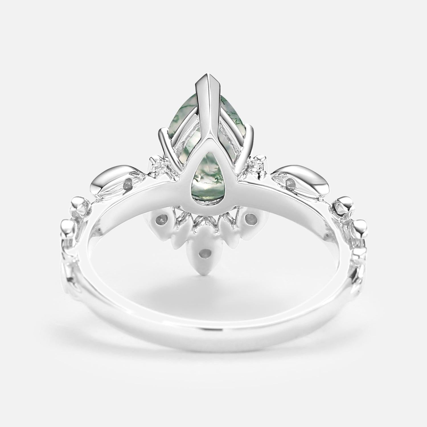 Calista’s Frond | Pear Cut Moss Agate Leafy Engagement Ring.