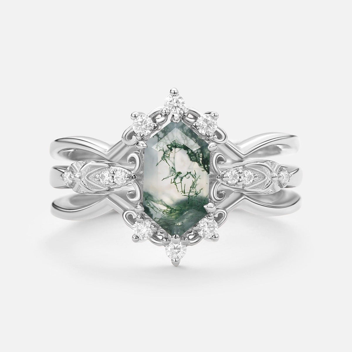 Vintage Long Hexagon Moss Agate Moissanite  Ring Set 2pcs.