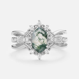 Vintage Long Hexagon Moss Agate Moissanite  Ring Set 2pcs.