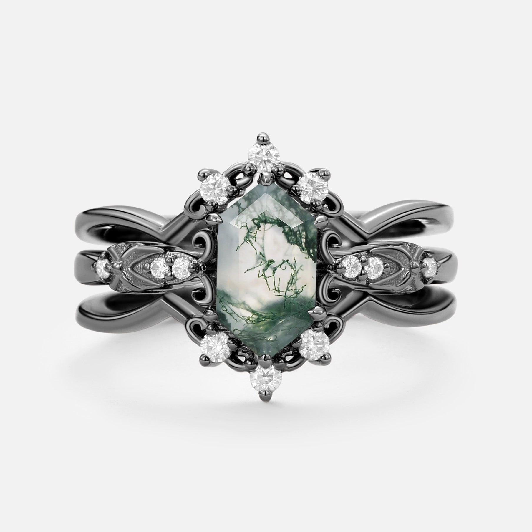 Vintage Long Hexagon Moss Agate Moissanite  Ring Set 2pcs.