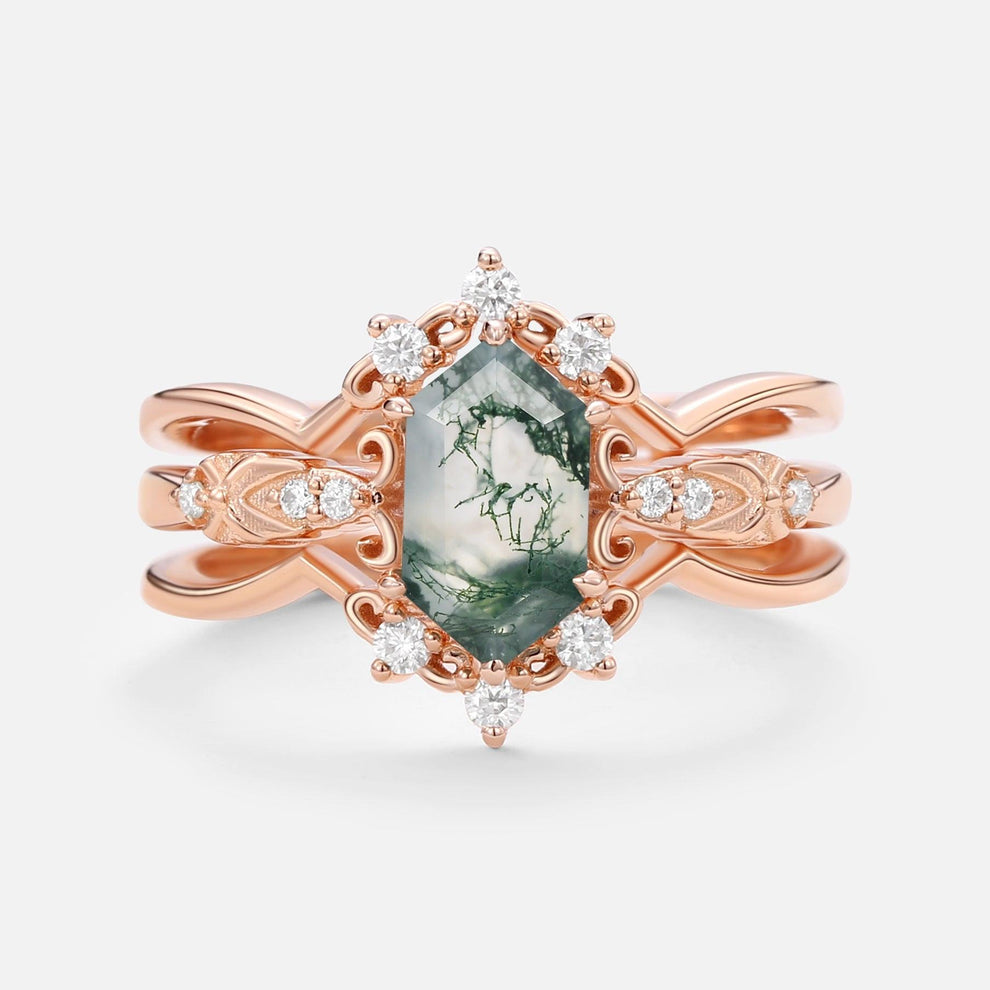 Vintage Long Hexagon Moss Agate Moissanite  Ring Set 2pcs.