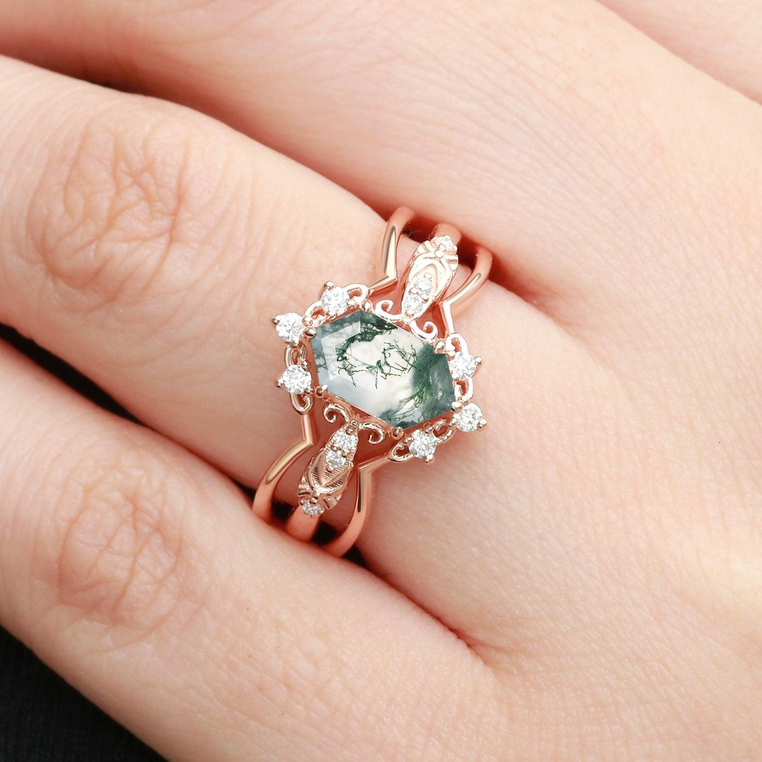 Vintage Long Hexagon Moss Agate Moissanite  Ring Set 2pcs.
