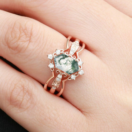 Vintage Long Hexagon Moss Agate Moissanite  Ring Set 2pcs.