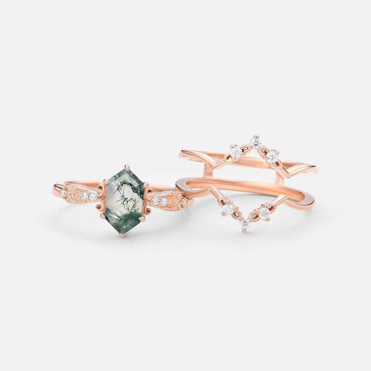 Vintage Long Hexagon Moss Agate Moissanite  Ring Set 2pcs.