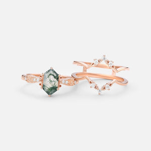 Vintage Long Hexagon Moss Agate Moissanite  Ring Set 2pcs.