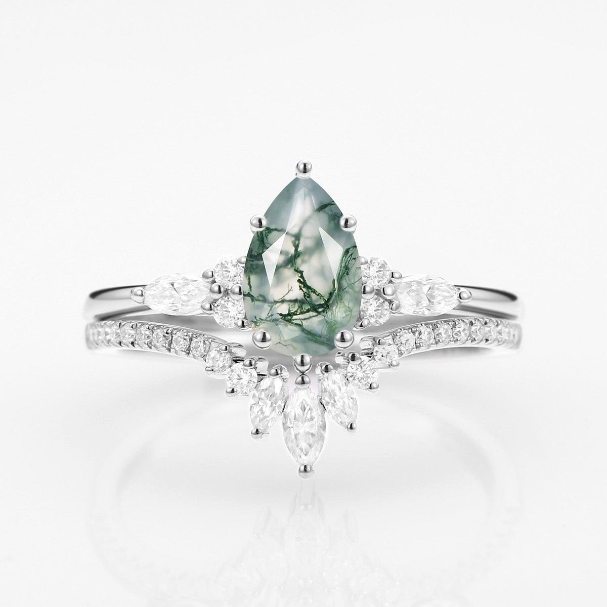 Sylvie’s Trinity | Pear Cut Moss Agate Three Stone Bridal Set 2pcs.