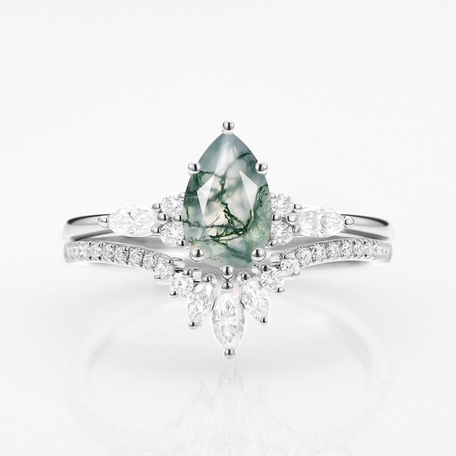 Sylvie’s Trinity | Pear Cut Moss Agate Three Stone Bridal Set 2pcs.