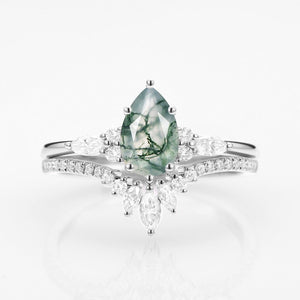 Sylvie’s Trinity | Pear Cut Moss Agate Three Stone Bridal Set 2pcs.