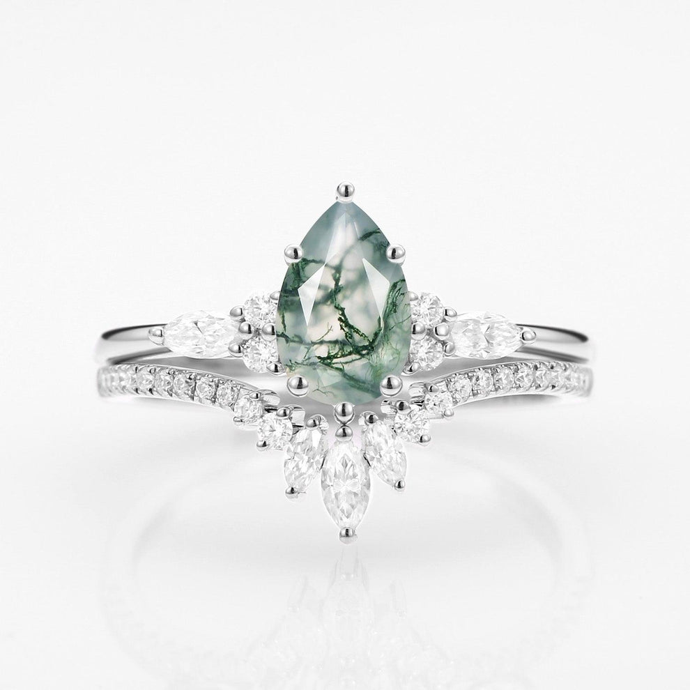 Sylvie’s Trinity | Pear Cut Moss Agate Three Stone Bridal Set 2pcs.