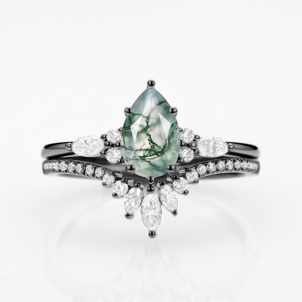Sylvie’s Trinity | Pear Cut Moss Agate Three Stone Bridal Set 2pcs.
