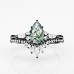 Sylvie’s Trinity | Pear Cut Moss Agate Three Stone Bridal Set 2pcs.