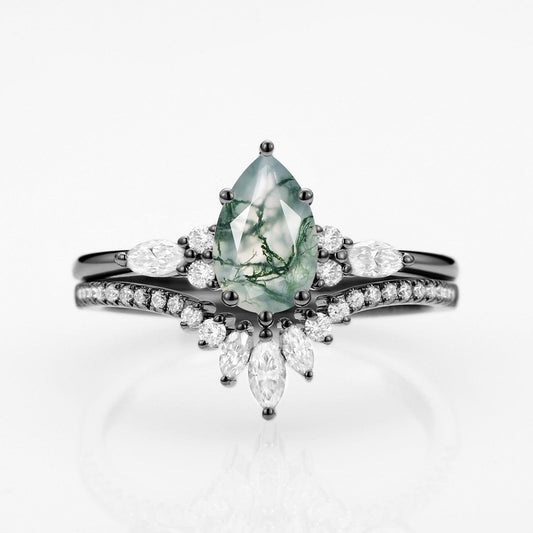 Sylvie’s Trinity | Pear Cut Moss Agate Three Stone Bridal Set 2pcs.
