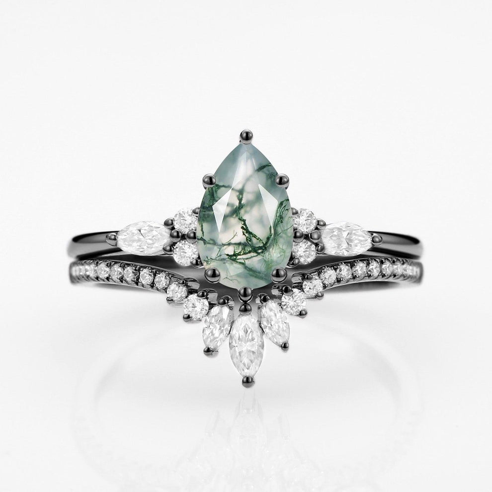Sylvie’s Trinity | Pear Cut Moss Agate Three Stone Bridal Set 2pcs.