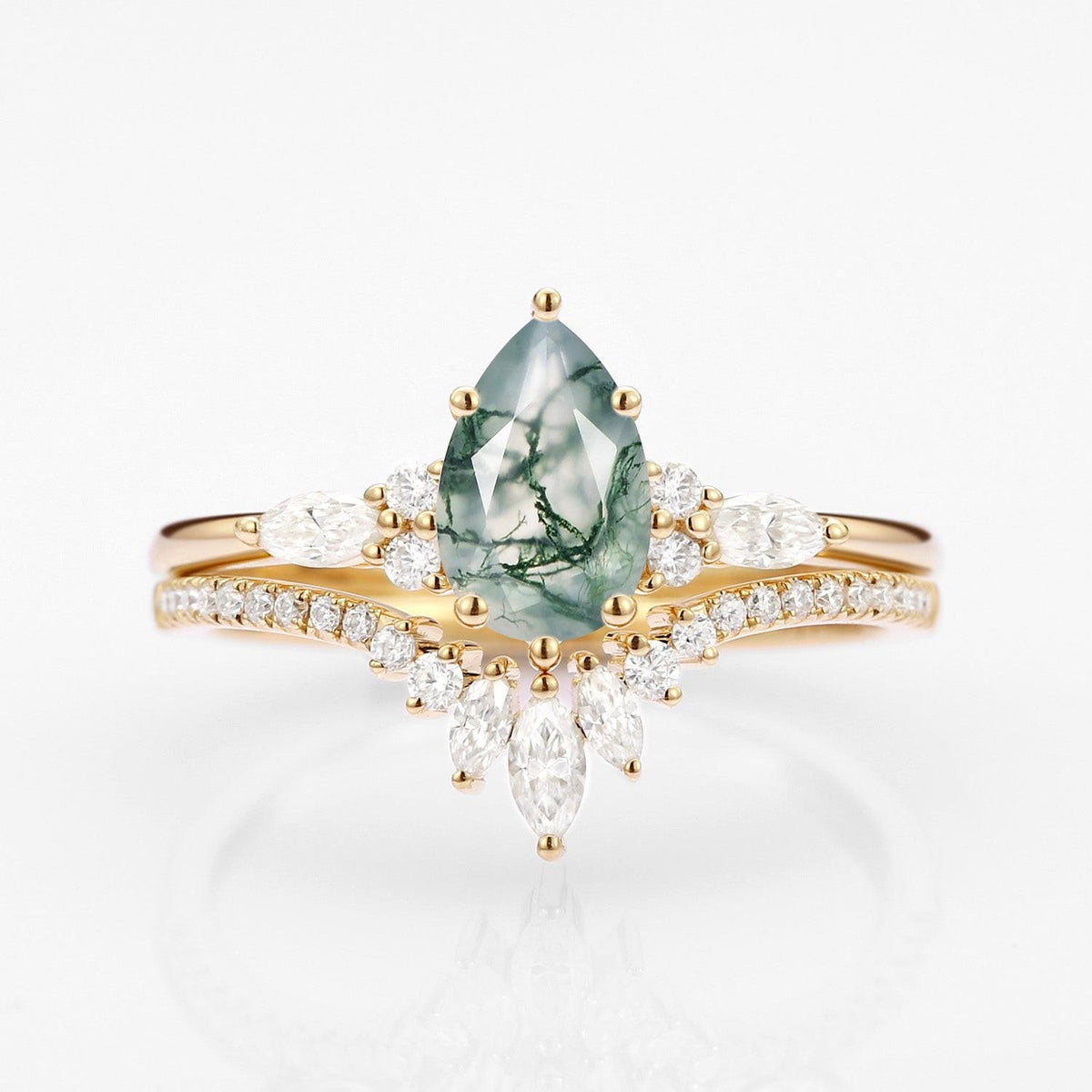 Sylvie’s Trinity | Pear Cut Moss Agate Three Stone Bridal Set 2pcs.
